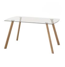 Mesa de Comedor Nórdica | Diseño con Tapa de Cristal Transparente y Patas de Metal Color Roble | Dimensiones: 140 x 80 x 76 cm
