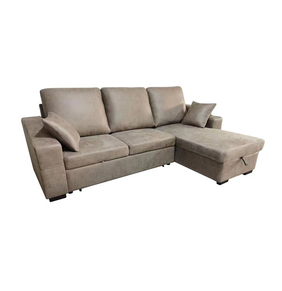 Sofá Cama 3 Plazas Reversible con Chaiselongue y Almacenaje, Tapizado en Tela Cemento, 229x93x153 cm