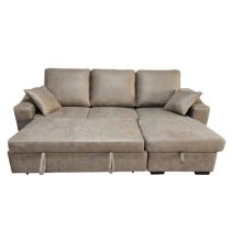 Sofá Cama 3 Plazas Reversible con Chaiselongue y Almacenaje, Tapizado en Tela Cemento, 229x93x153 cm