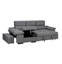 Sofá con Chaiselongue Reversible Color Cemento, Asientos Extensibles y Arcón, 291x160x104 cm, Tapizado en Tela